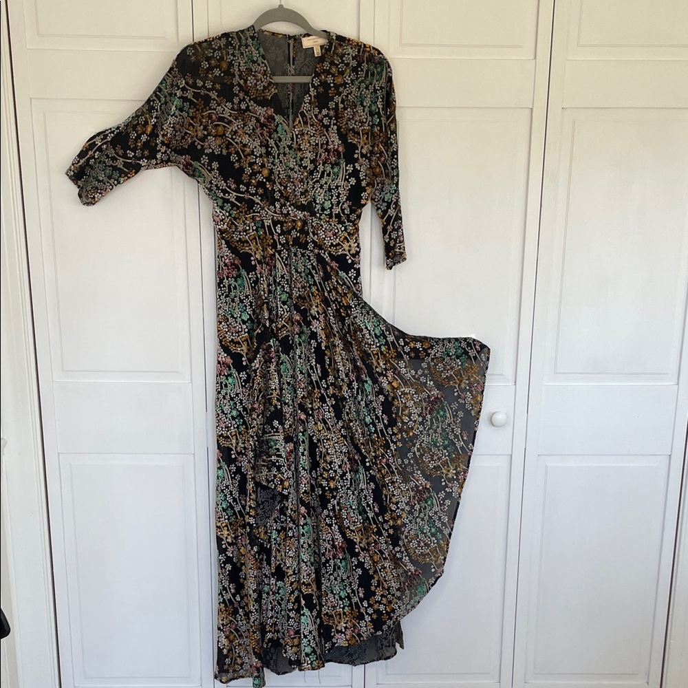 Anthropologie Moulinette Spurs Black Multicolor Velvet Floral Long Sleeve Dress